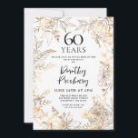 Dourado Convite de aniversário White Floral 60º<br><div class="desc">Rosas de arte elegantes de linha de ouro e saem ao redor de seus 60º detalhes de festa de aniversário.</div>
