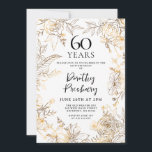 Dourado Convite de aniversário White Floral 60º<br><div class="desc">Rosas de arte elegantes de linha de ouro e saem ao redor de seus 60º detalhes de festa de aniversário.</div>