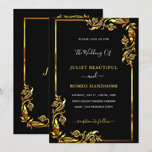Dourado Convite de Casamento com Moldura Floral Es