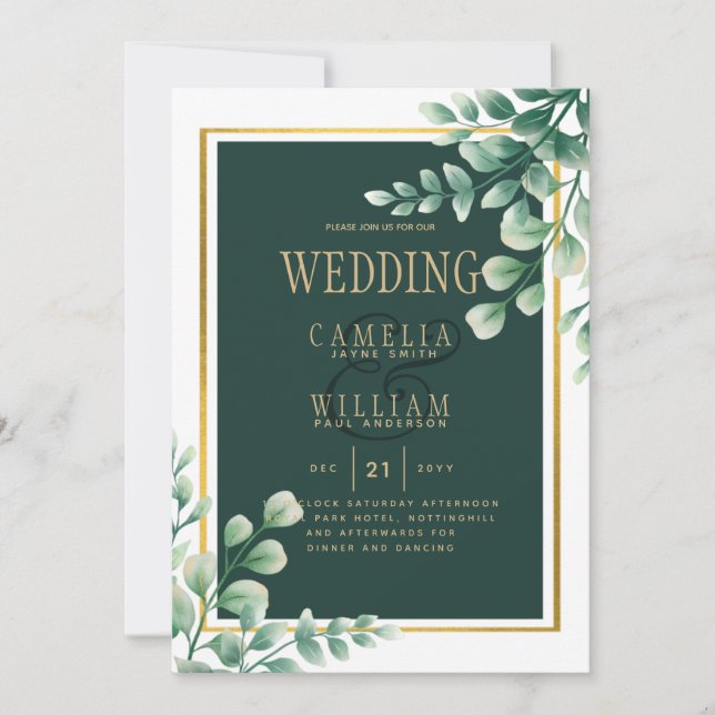 Dourado Convite de Casamento Verde Botânico Emeral (Frente)