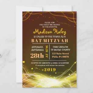 DOURADO Convite para Bat Mitzvah, ESTRELAS DE NEON