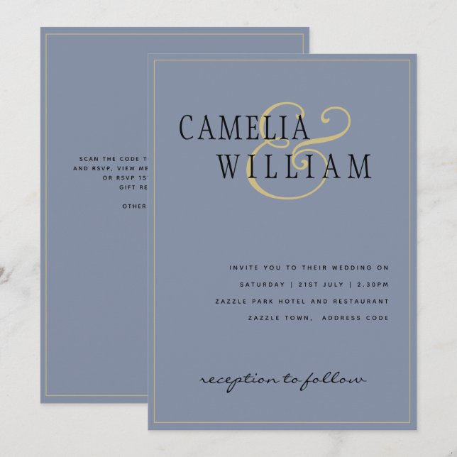 Dourado Convite para Casamento Azul Moderno Dusty (Frente/Verso)