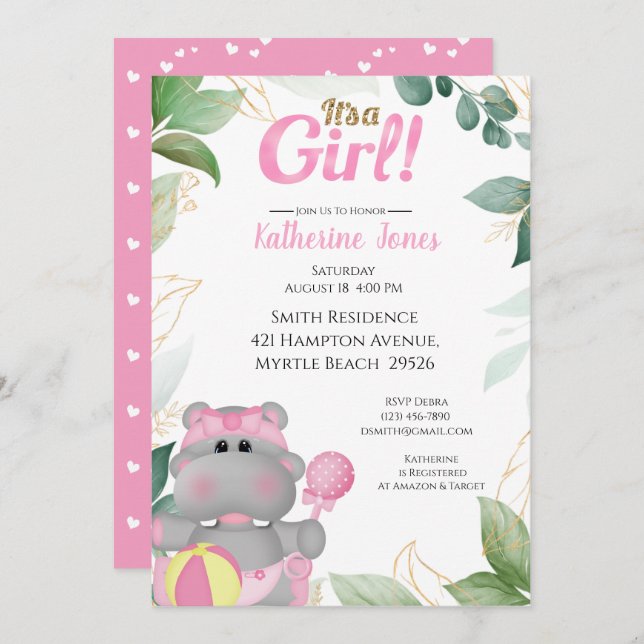 Dourado Convite para Chá de fraldas Hippo, cor-de- (Frente/Verso)