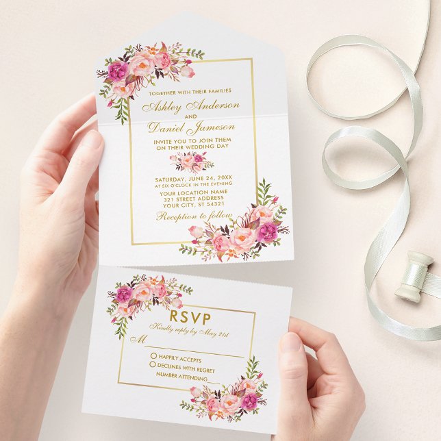 Dourado Cor de Água da Elegante Cor Floral Rosa (All In One Wedding Invitation with tear off RSVP Card)