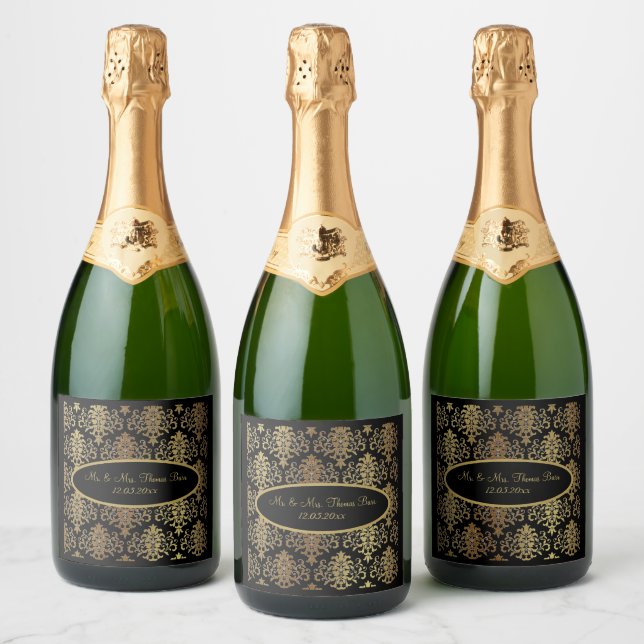 Dourado Damask Black Script Weding Elegante (Garrafas)