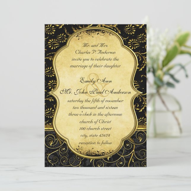 Dourado Damask Swirls Convite Para Casamento (Em pé/Frente)
