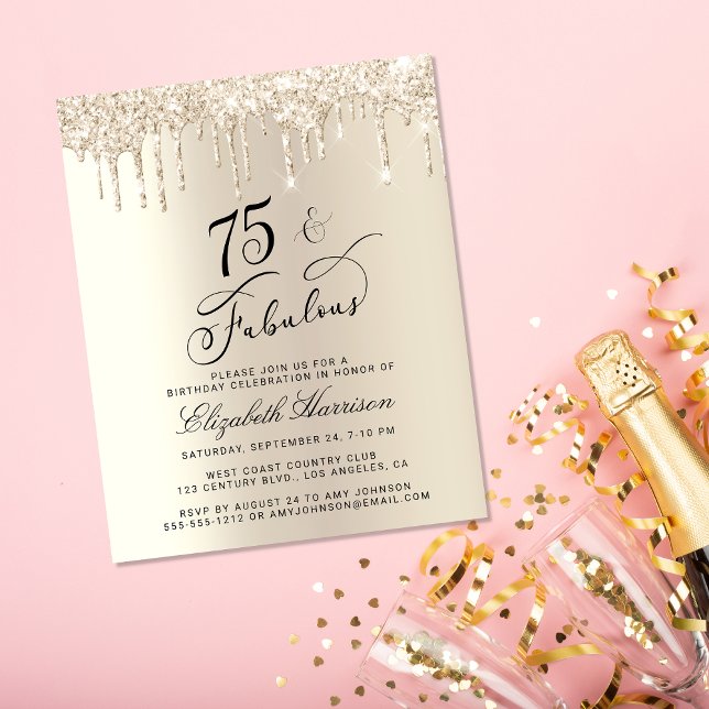 Dourado de orçamento Glitter 75º Convite de Aniver (Celebrate her 75 years of sparkle with an elegant gold glitter birthday party invitation  🎉 🎂 🥂)
