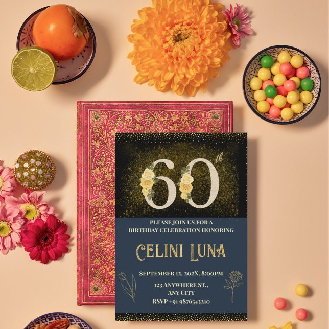 Dourado e preto 61ruas-69º Convites de festas de a (Gold & Black 60th Birthday Invitations)