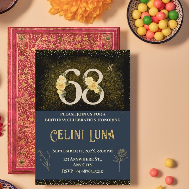 Dourado e preto 61ruas-69º Convites de festas de a (Gold & Black 68th Birthday Invitations)