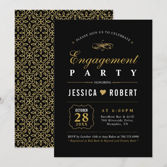 Dourado e preto | Convite à Festa de noivado Elega (Frente/Verso)
