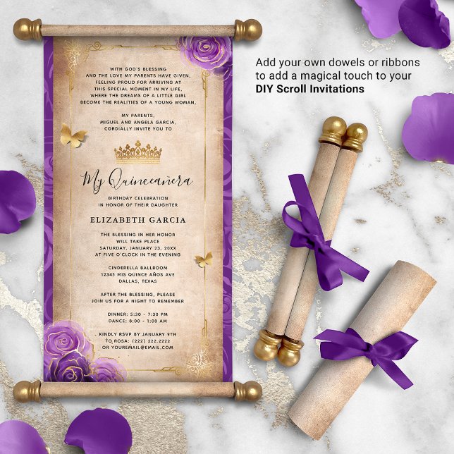 Dourado e roxo Quinceanera DIY Scroll Invasões (DIY scrolls do not come with dowels. Add your own or roll up with a ribbon for an elegant touch!)