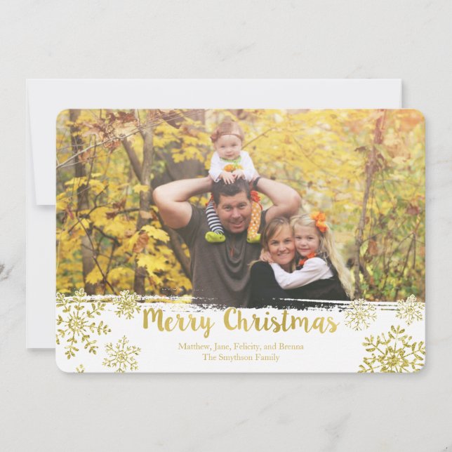 Dourado Floco de Neve Feliz Cartão com fotos de Na (Frente)