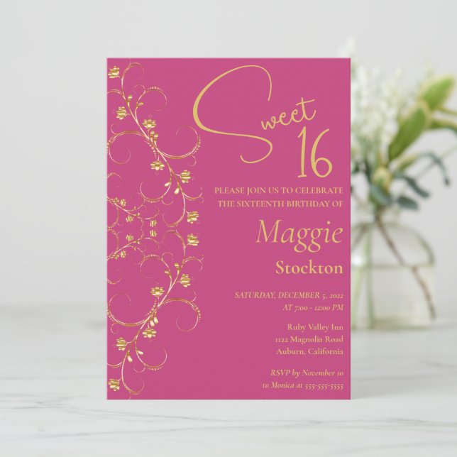 Dourado Floral Borda Sweet 16 Convite (Em pé/Frente)