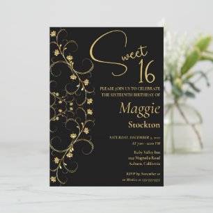 Dourado Floral Borda Sweet 16 Convite