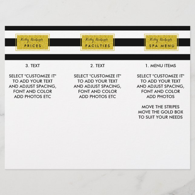 Dourado Glamor Black Stripes Salon Menu Brochura (Frente)