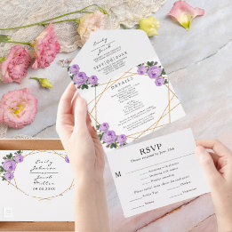 Dourado Glitter Geo Roxo Floral Casamento RSVP Fot
