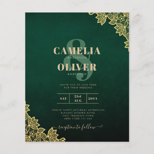 Dourado Lace Emerald Green All-in-1 Convite de cas (Frente)