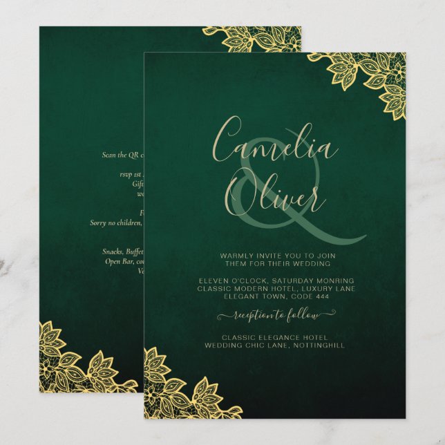 Dourado Lace Emerald Green All-in-1 Convite de cas (Frente/Verso)