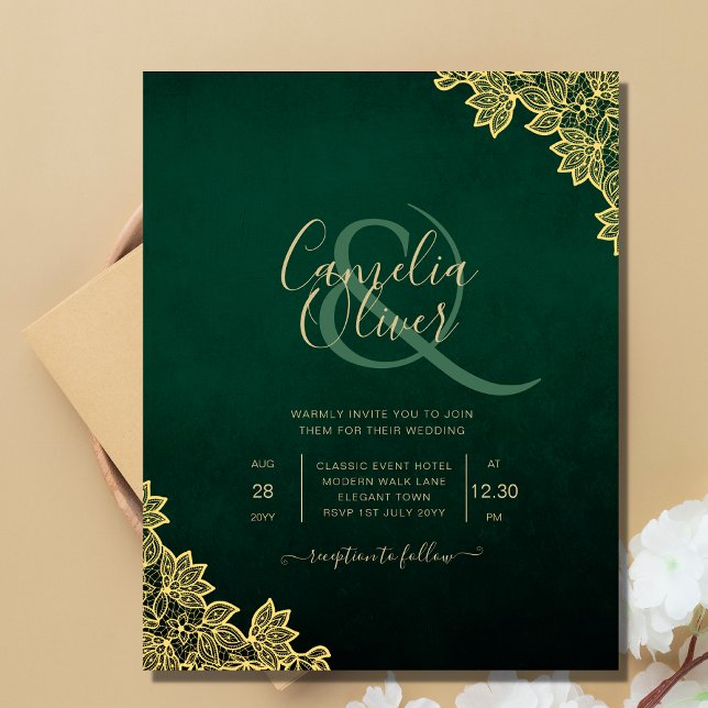 Dourado Lace Emerald Green All-in-1 Convite de cas (Criador carregado)
