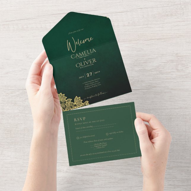 Dourado Lace Emerald Green All-in-1 Convite de cas (Aba destacável)