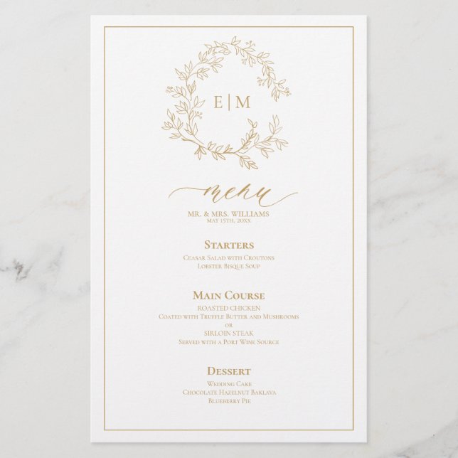 Dourado Leafy Crest Monograma Menu Casamento (Frente)