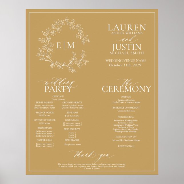 Dourado Leafy Crest Monogramas Poster do Programa  (Frente)