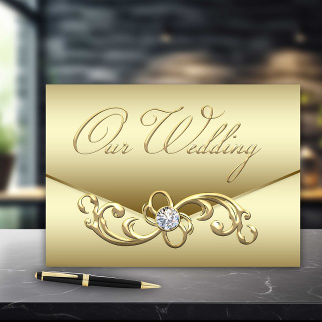 Dourado Livro de Convidados de Casamento Diamante (Elegant gold wedding guest book.)
