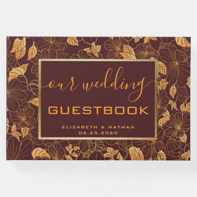 Dourado Livro de Convidados de Casamento Floral Bu (Frente)