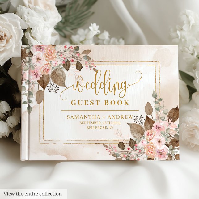 Dourado Livro de Convidados do Casamento Moderno I (Modern Ivory Beige Brown Gold Wedding Guest Book)