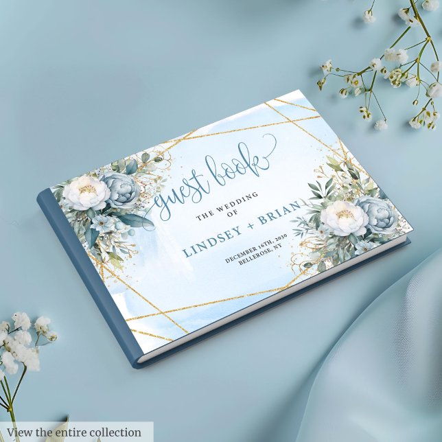 Dourado Livro de Convidados Romântico Pastel Azul (Romantic Pastel Blue White Gold Peonies Guest Book)