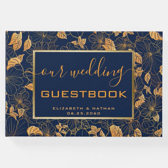 Dourado Marinho Floral Azul Livro de Convidados (Frente)