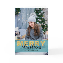 Dourado Natal Azul Moderno - Cartão com fotos