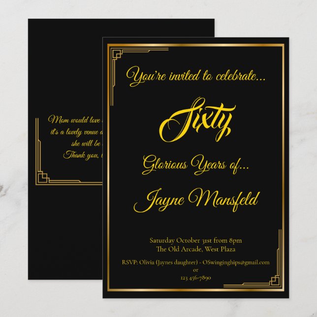 Dourado no Convite de aniversário Deco de Arte Neg (Frente/Verso)