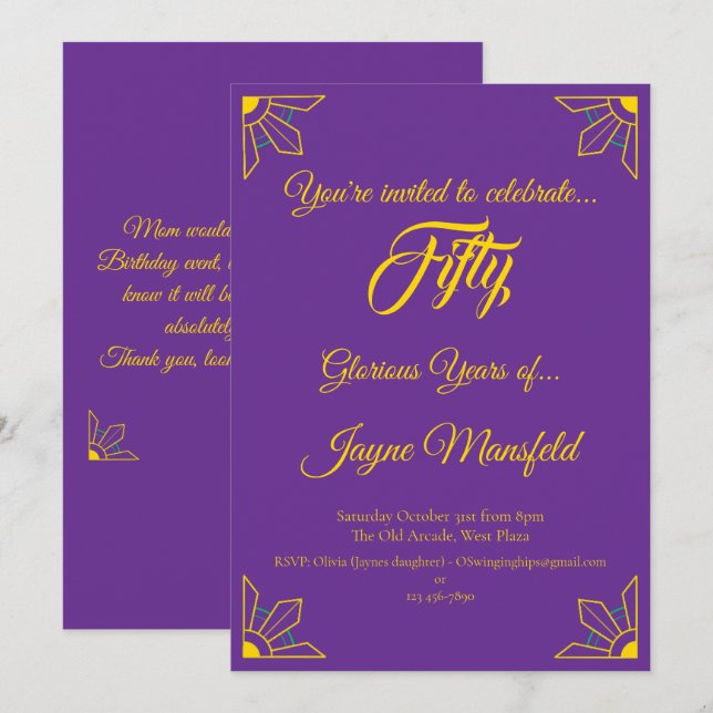 Dourado no Convite de aniversário Roxo Real (Frente/Verso)