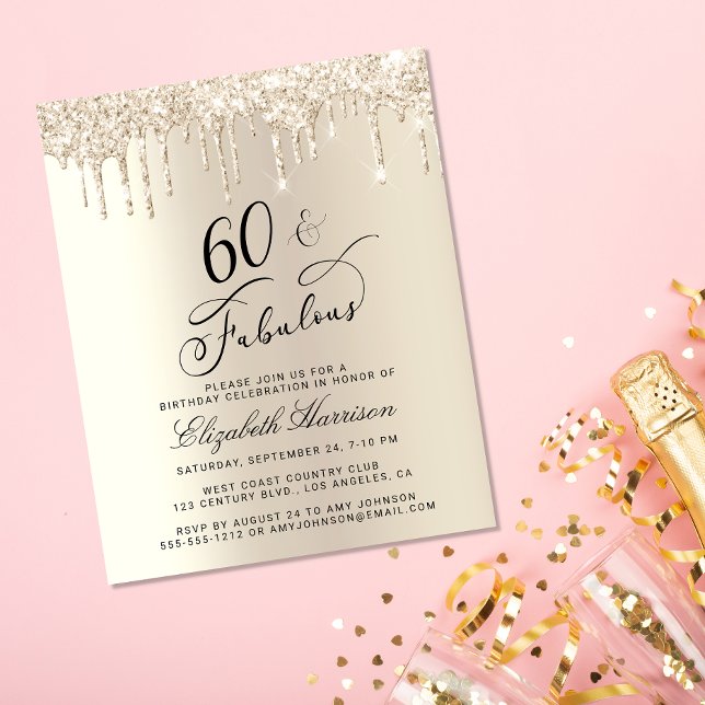 Dourado Orçamento Glitter 60º Convite de Aniversár (Criador carregado)