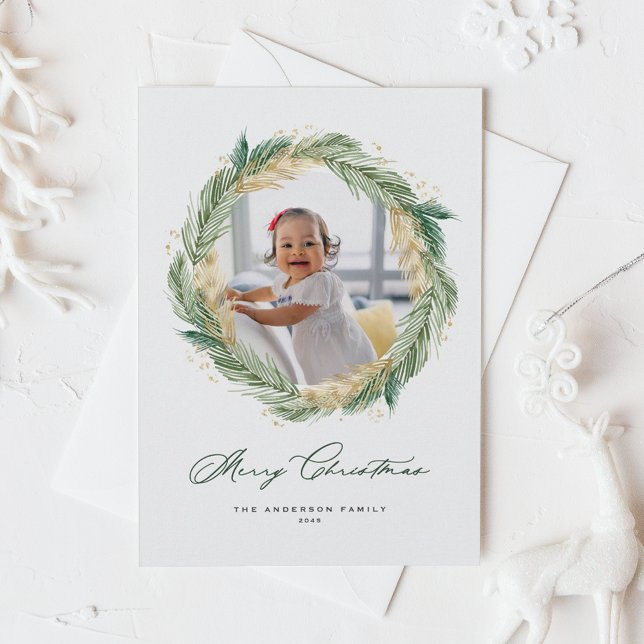 Dourado Pine Agulha Wreath Feliz Foto de Natal (Faux Gold Foil Pine Needles Wreath Merry Christmas Photo Holiday Card)
