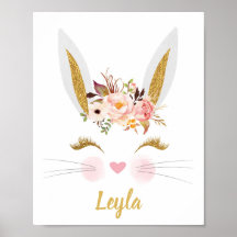 Dourado Pink Peony Rabbit face Impressão Nursery P