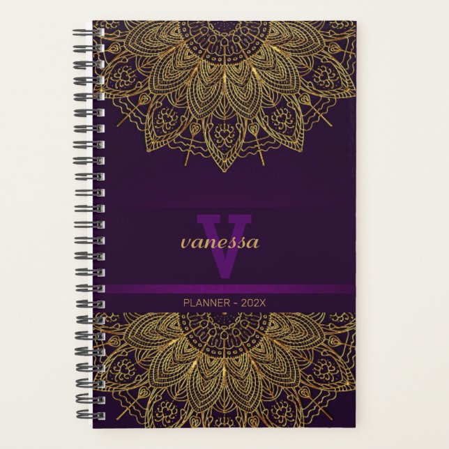Dourado Planejador Monograma de Mandala (Frente)