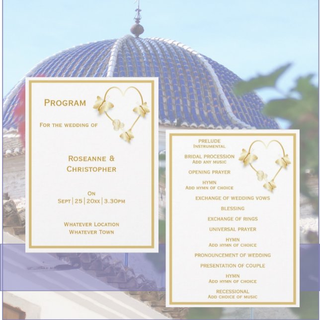 Dourado programa da Igreja Casamento Borboletas Co (Gold wedding church program butterflies heart design)