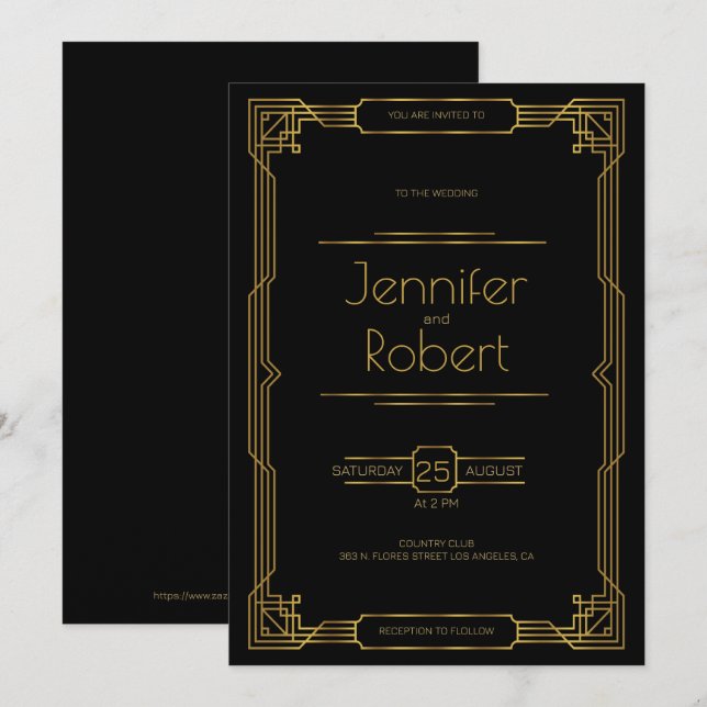 Dourado quadro de casamento Art Deco Convite (Frente/Verso)