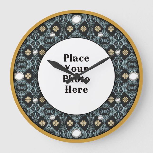 Dourado Quadro Floral Seu Relógio De Parede Fotogr (Frente)