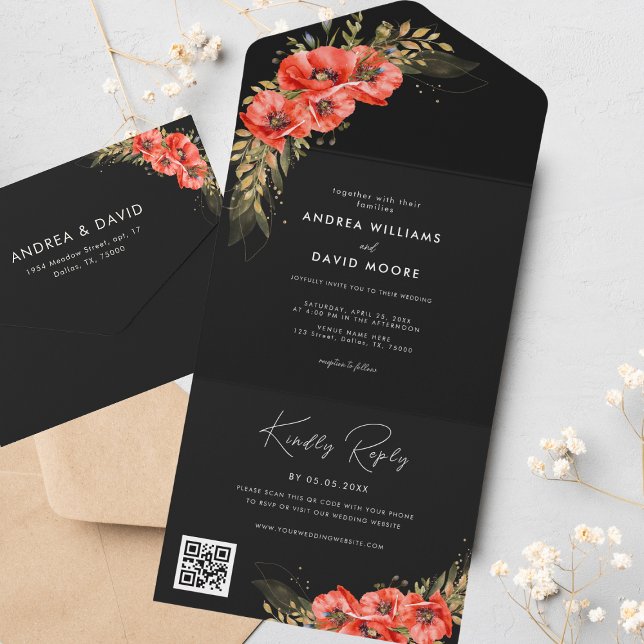 Dourado Red Poppy Floral Fall Código QR Casamento  (Criador carregado)