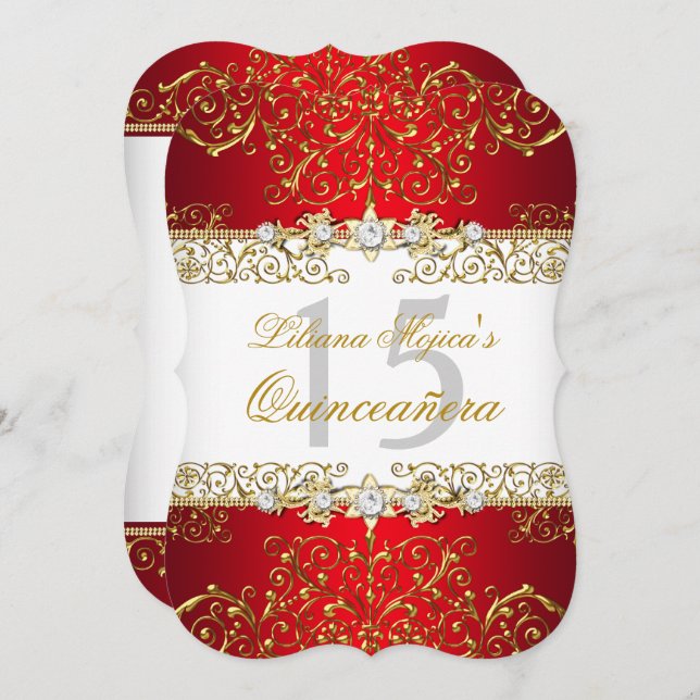 Dourado Red Vintage Glamor Quinceanera Convite (Frente/Verso)