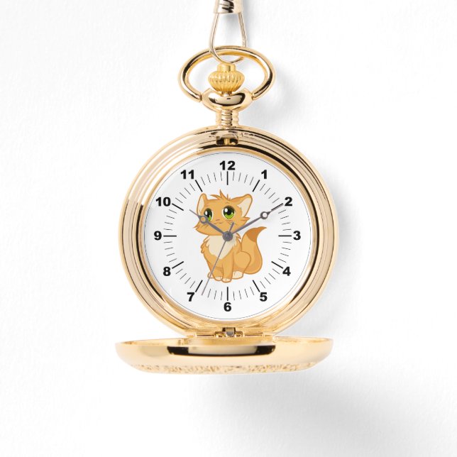 Dourado relógio de bolso - gato bonito (Frente)
