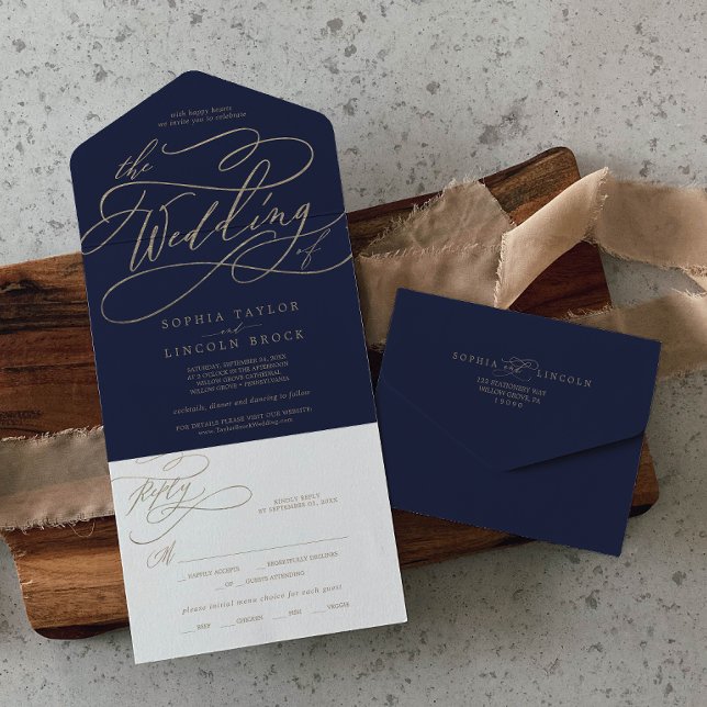 Dourado Romântico Caligrafia | Azul Marinho O Casa (Romantic Gold Calligraphy | Navy The Wedding Of Al All In One Invitation)