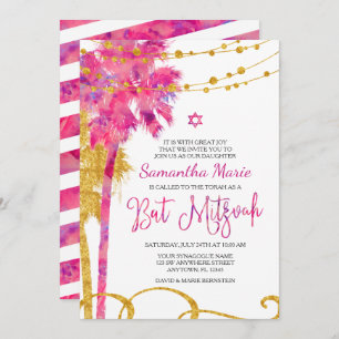 Dourado Rosa Watercolor Beach Bat Mitzvah Convites