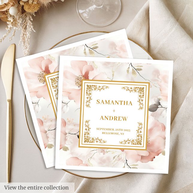 Dourado rosado clássico, guardanapos de casamentos (Classic dusty pink gold floral wedding napkins)
