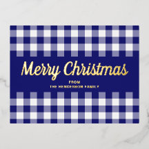 Dourado Script Blue Gingham Feliz Natal