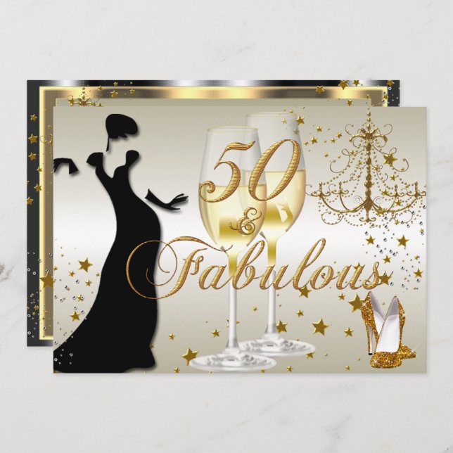 Dourado Sparkle 50 e Fabuloso Convite de Aniversár (Frente/Verso)