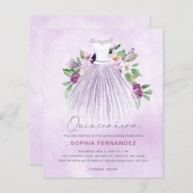 Dourado Sujeito Roxo Quinceañera Convite (Frente/Verso)
